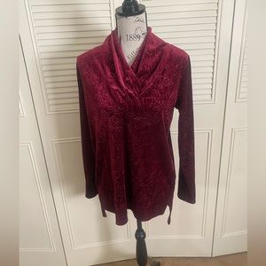 Chaus New York red velvet paisley embossed long sleeve tunic blouse
